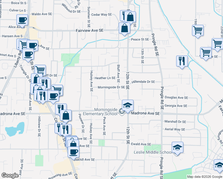 map of restaurants, bars, coffee shops, grocery stores, and more near 1057 Glacier Court Southeast in Salem