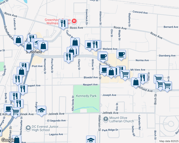 map of restaurants, bars, coffee shops, grocery stores, and more near 5510 Willow Street in Schofield
