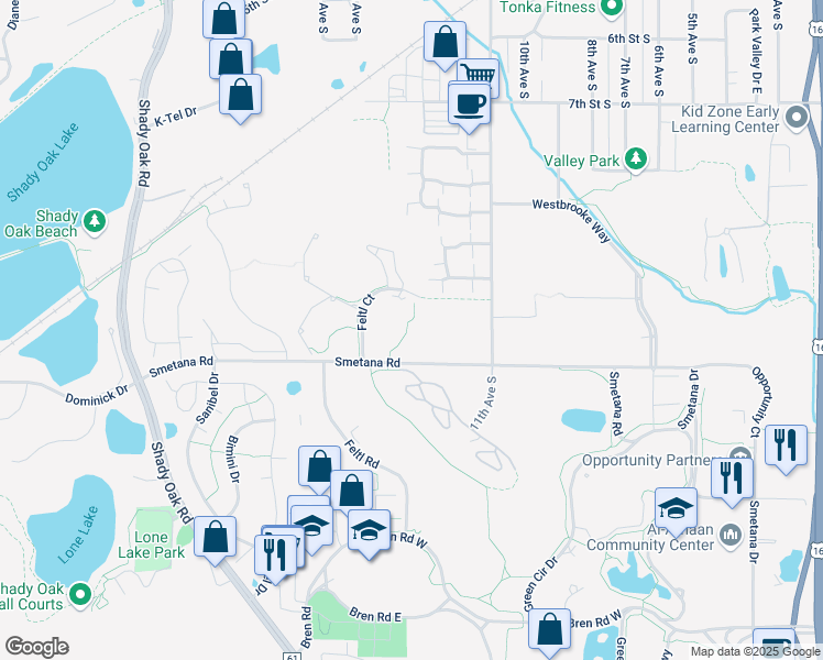 map of restaurants, bars, coffee shops, grocery stores, and more near 901 Feltl Court in Hopkins