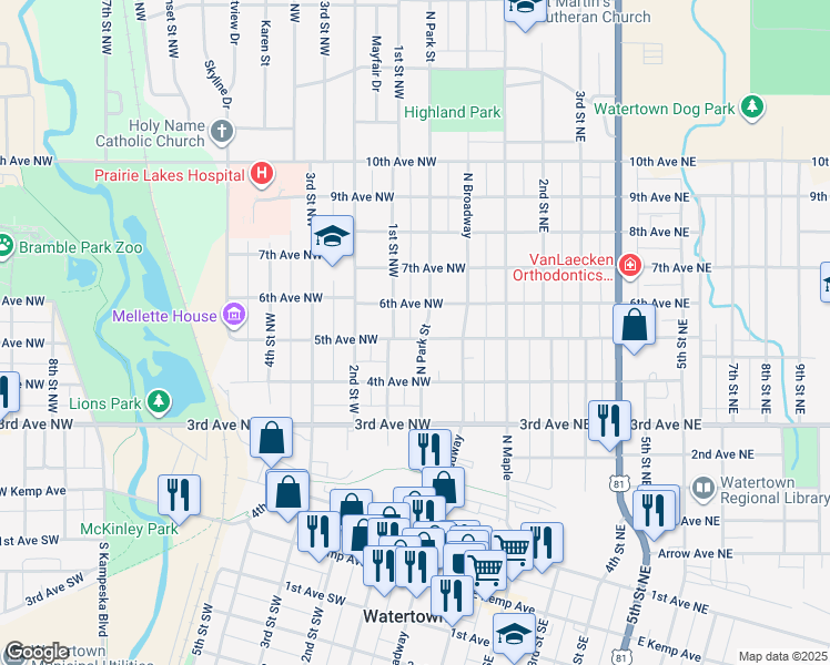 map of restaurants, bars, coffee shops, grocery stores, and more near 50-98 5th Ave NW in Watertown