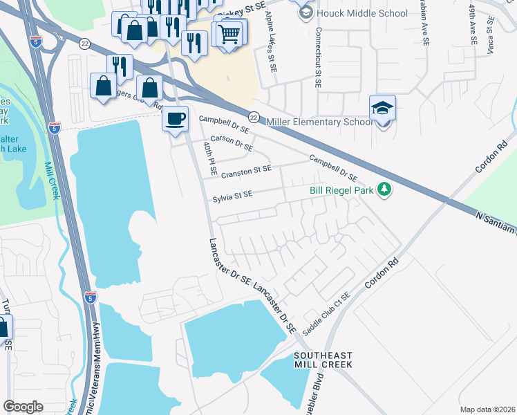 map of restaurants, bars, coffee shops, grocery stores, and more near 2200 Lancaster Drive Southeast in Salem