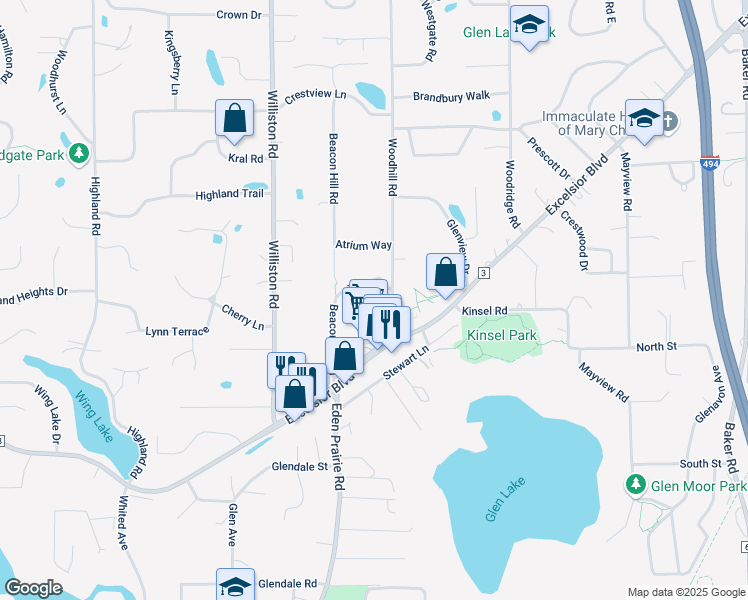 map of restaurants, bars, coffee shops, grocery stores, and more near 5300 Woodhill Road in Minnetonka
