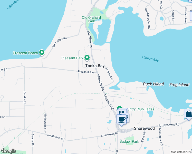 map of restaurants, bars, coffee shops, grocery stores, and more near 5330 Manitou Road in Excelsior