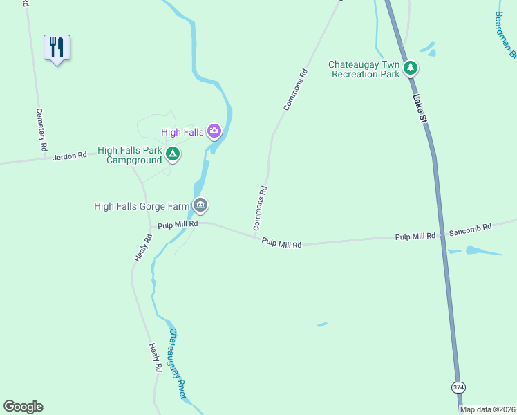 map of restaurants, bars, coffee shops, grocery stores, and more near Commons Road in Chateaugay