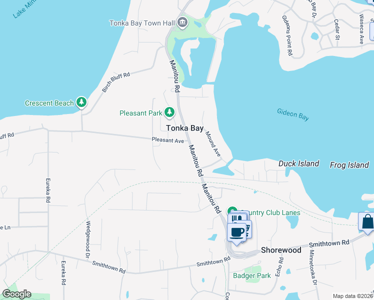 map of restaurants, bars, coffee shops, grocery stores, and more near 5330 Manitou Road in Excelsior
