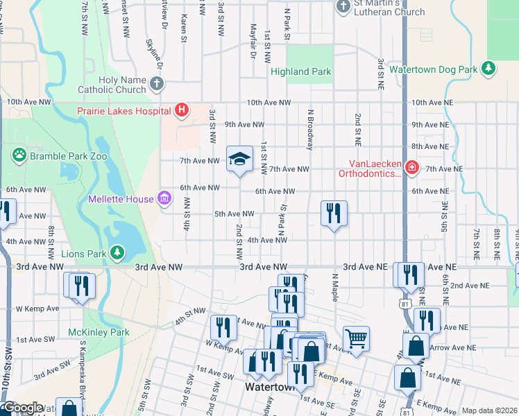 map of restaurants, bars, coffee shops, grocery stores, and more near 100-198 5th Ave NW in Watertown