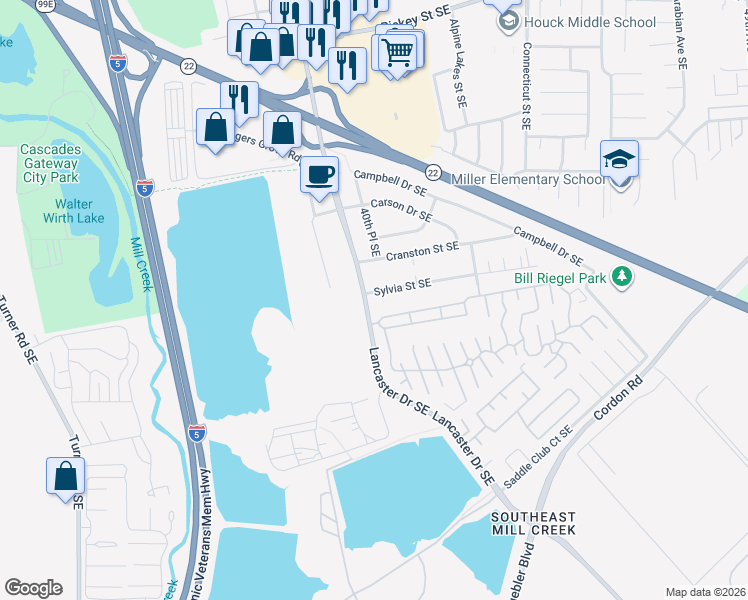 map of restaurants, bars, coffee shops, grocery stores, and more near 2100 Lancaster Drive Southeast in Salem