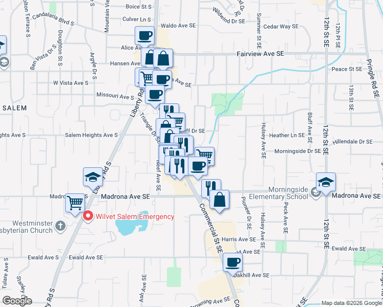 map of restaurants, bars, coffee shops, grocery stores, and more near 3390 Willa Lane Southeast in Salem