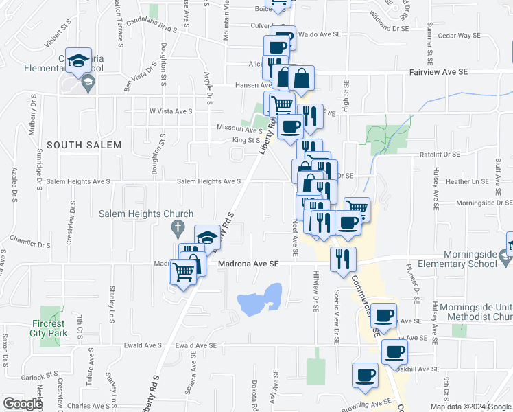 map of restaurants, bars, coffee shops, grocery stores, and more near 3300 Liberty Road South in Salem