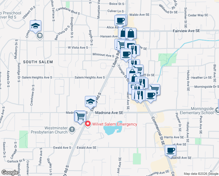 map of restaurants, bars, coffee shops, grocery stores, and more near 3300 Liberty Road South in Salem
