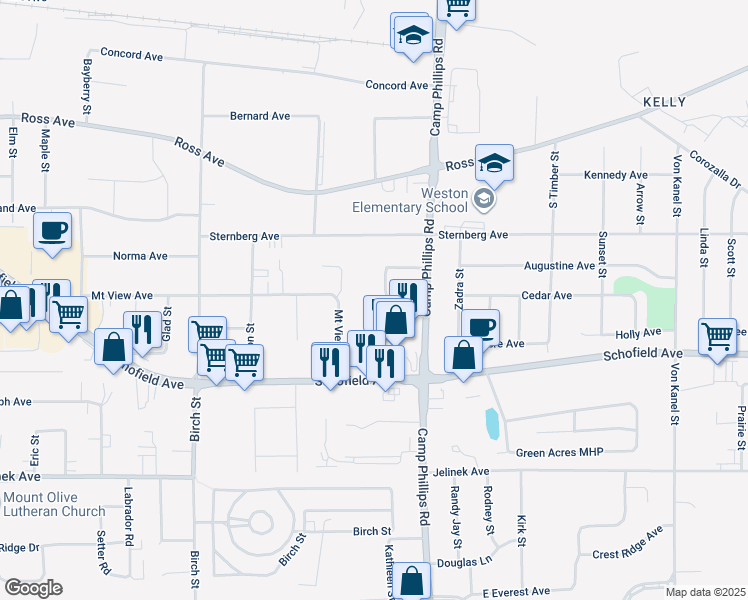 map of restaurants, bars, coffee shops, grocery stores, and more near 5420 Schmutzler Street in Schofield