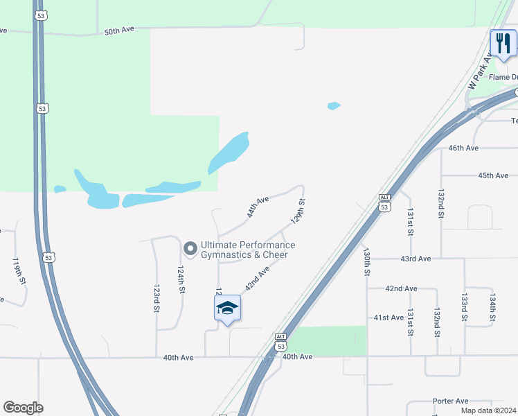 map of restaurants, bars, coffee shops, grocery stores, and more near 12675 44th Avenue in Chippewa Falls