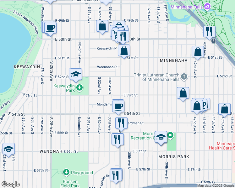 map of restaurants, bars, coffee shops, grocery stores, and more near 3315 East 53rd Street in Minneapolis