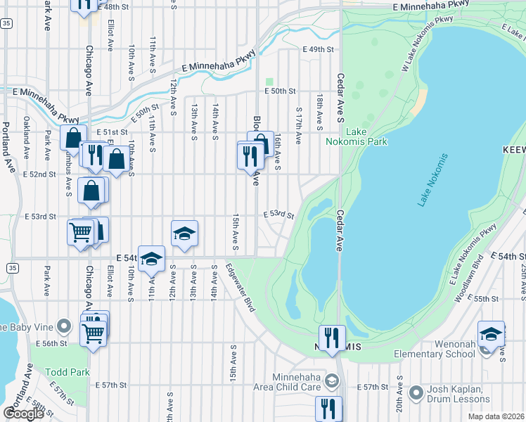 map of restaurants, bars, coffee shops, grocery stores, and more near 5247 Bloomington Avenue in Minneapolis