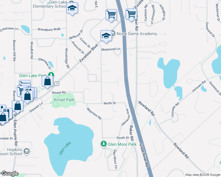 map of restaurants, bars, coffee shops, grocery stores, and more near 13400 North Street in Minnetonka