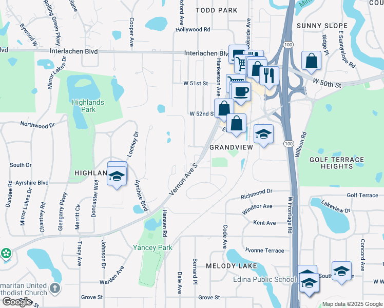 map of restaurants, bars, coffee shops, grocery stores, and more near 5300 Vernon Avenue South in Minneapolis