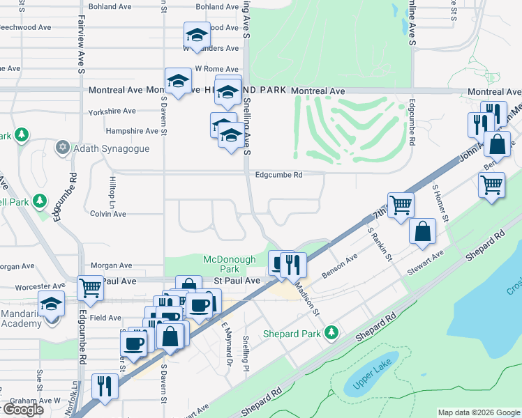map of restaurants, bars, coffee shops, grocery stores, and more near 2075 Upper Saint Dennis Road in Saint Paul