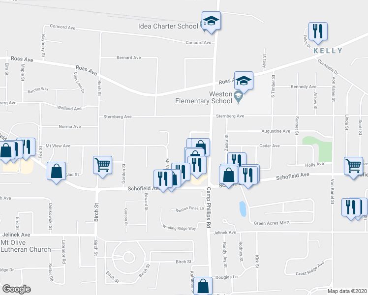 map of restaurants, bars, coffee shops, grocery stores, and more near 5420 Schmutzler Street in Schofield