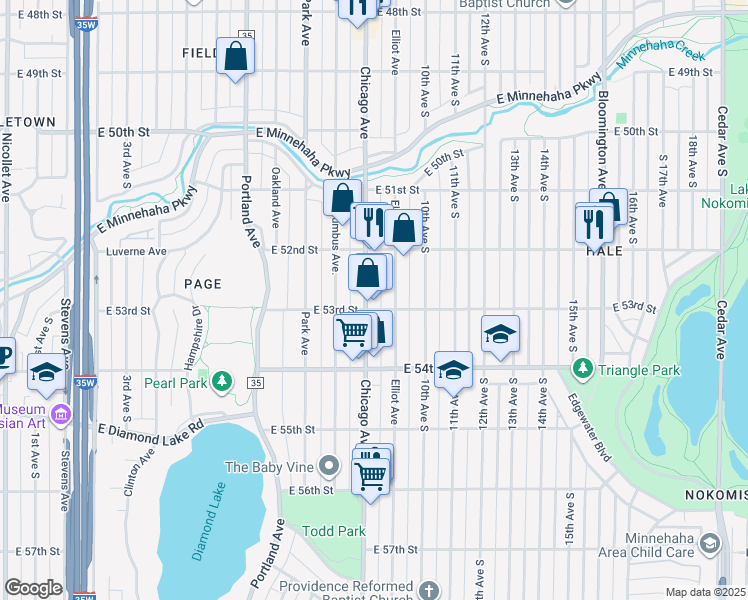map of restaurants, bars, coffee shops, grocery stores, and more near in Minneapolis