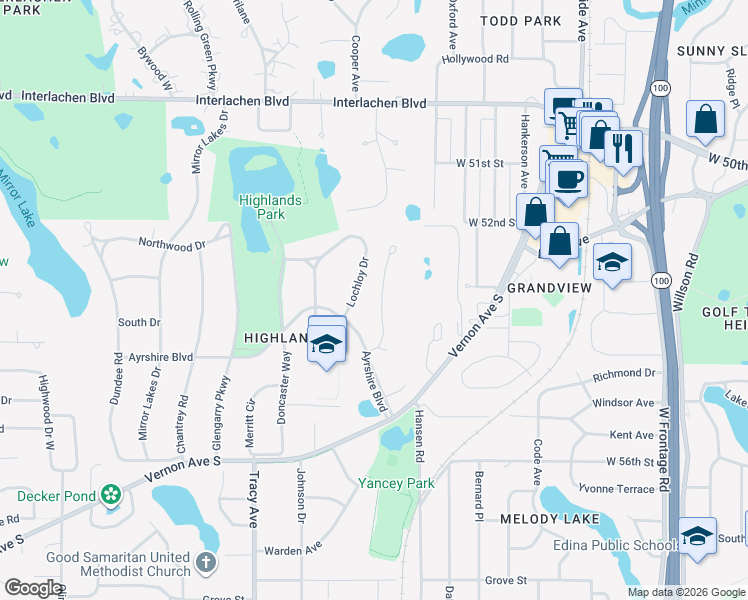 map of restaurants, bars, coffee shops, grocery stores, and more near 5224 Duncraig Road in Minneapolis