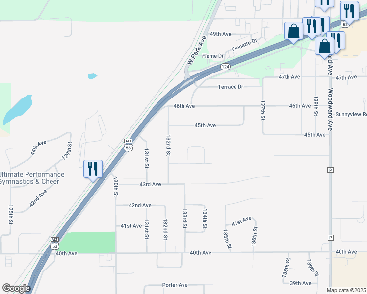 map of restaurants, bars, coffee shops, grocery stores, and more near 13312 44th Avenue North in Lake Hallie