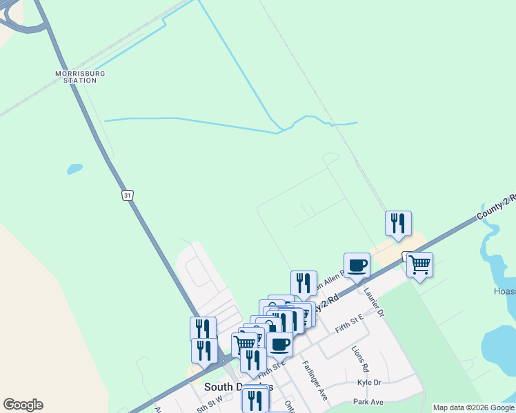 map of restaurants, bars, coffee shops, grocery stores, and more near 58 Campbell Street in South Dundas