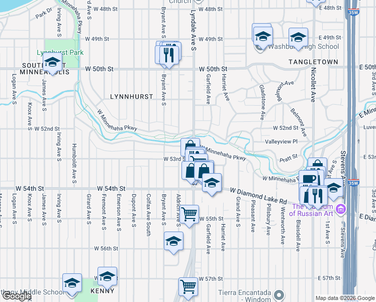 map of restaurants, bars, coffee shops, grocery stores, and more near 5244 Lyndale Avenue South in Minneapolis
