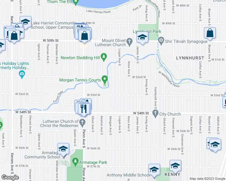 map of restaurants, bars, coffee shops, grocery stores, and more near 5237 Morgan Avenue South in Minneapolis