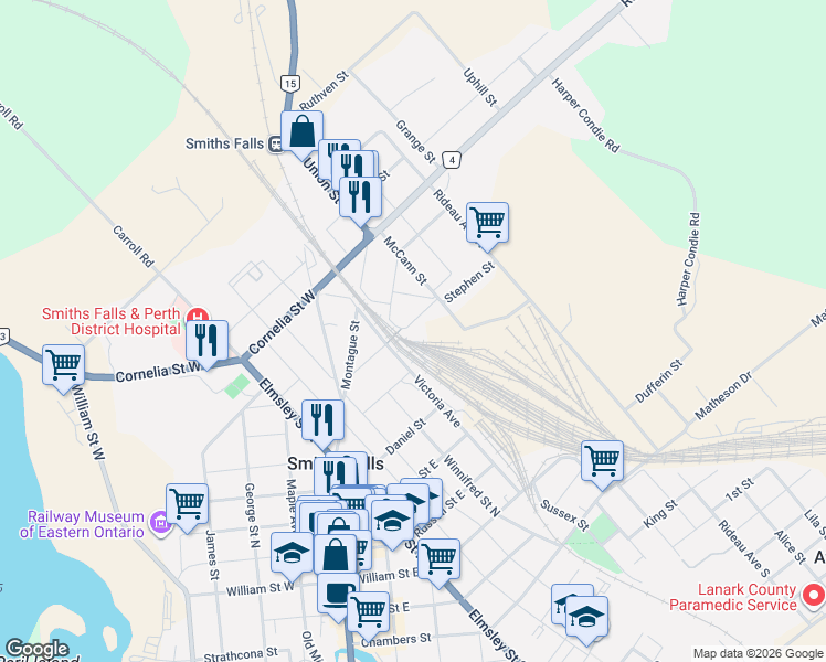 map of restaurants, bars, coffee shops, grocery stores, and more near 3 Lanark Street in Smiths Falls