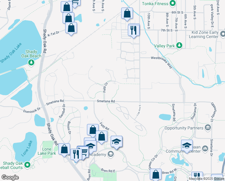 map of restaurants, bars, coffee shops, grocery stores, and more near 1011 Feltl Court in Hopkins
