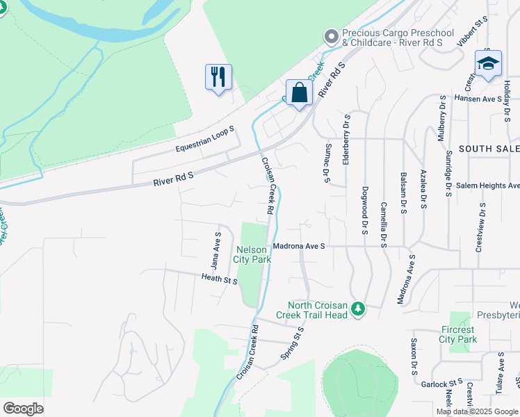 map of restaurants, bars, coffee shops, grocery stores, and more near 3377 Croisan Creek Road in Salem