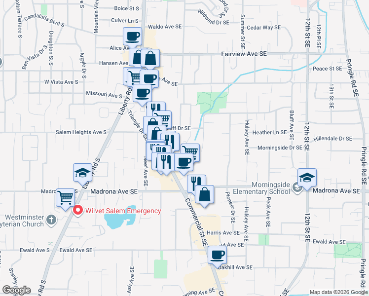map of restaurants, bars, coffee shops, grocery stores, and more near 3390 Willa Lane Southeast in Salem