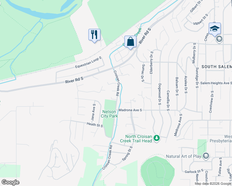 map of restaurants, bars, coffee shops, grocery stores, and more near 3391 Croisan Creek Road South in Salem