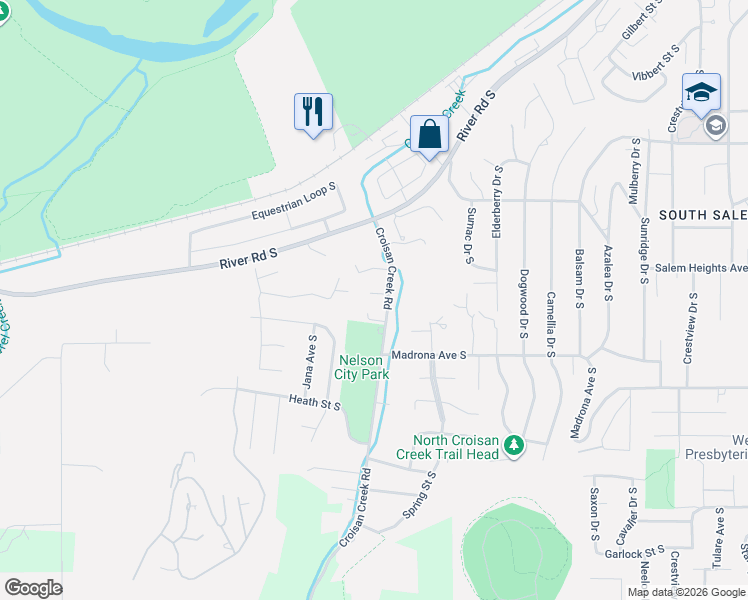 map of restaurants, bars, coffee shops, grocery stores, and more near 3391 Croisan Creek Road South in Salem
