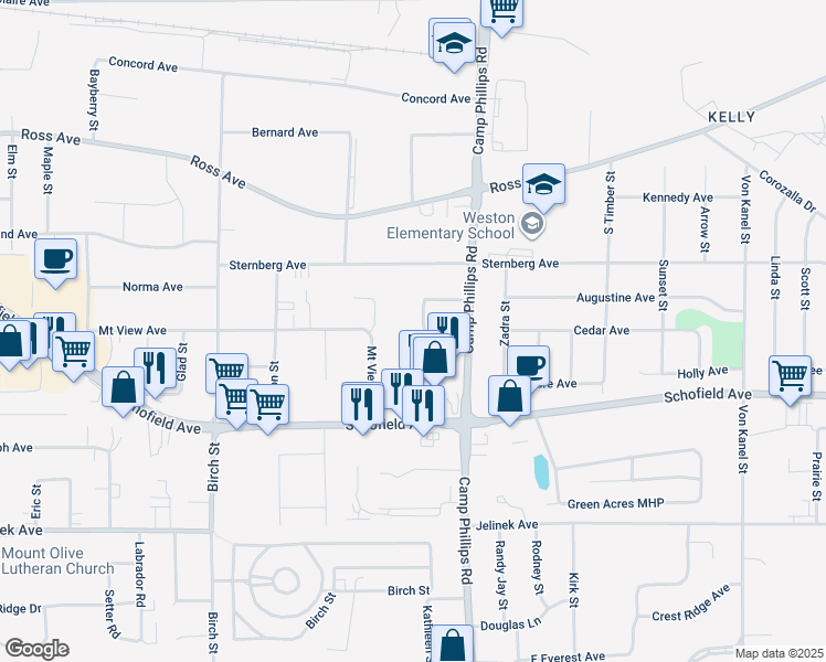 map of restaurants, bars, coffee shops, grocery stores, and more near 5420 Schmutzler Street in Schofield