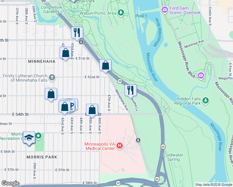 map of restaurants, bars, coffee shops, grocery stores, and more near 5300 48th Avenue South in Minneapolis