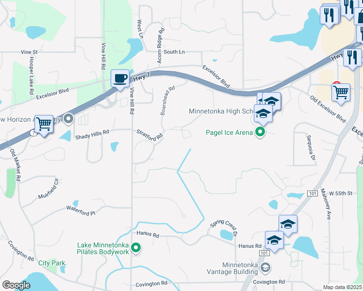 map of restaurants, bars, coffee shops, grocery stores, and more near 18900 Stratford Road in Minnetonka