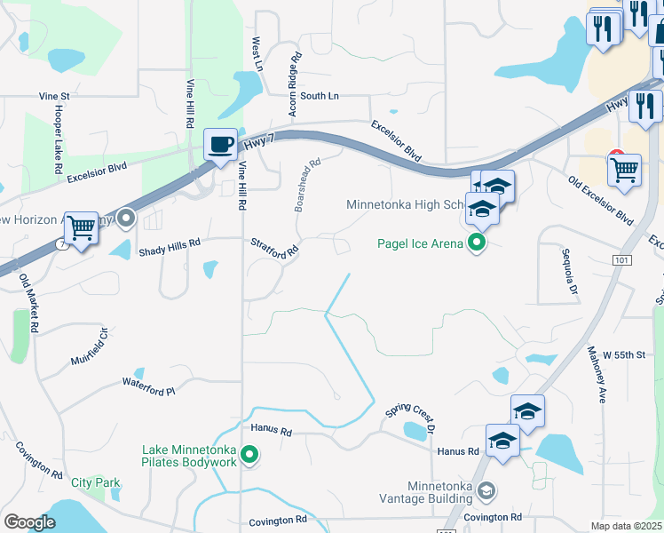 map of restaurants, bars, coffee shops, grocery stores, and more near 18900 Stratford Road in Minnetonka