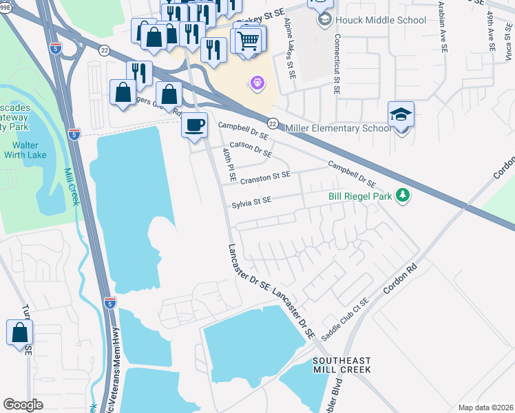 map of restaurants, bars, coffee shops, grocery stores, and more near 2200 Lancaster Drive Southeast in Salem