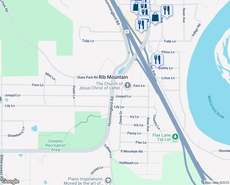 map of restaurants, bars, coffee shops, grocery stores, and more near 5502 Rib Mountain Drive in Wausau