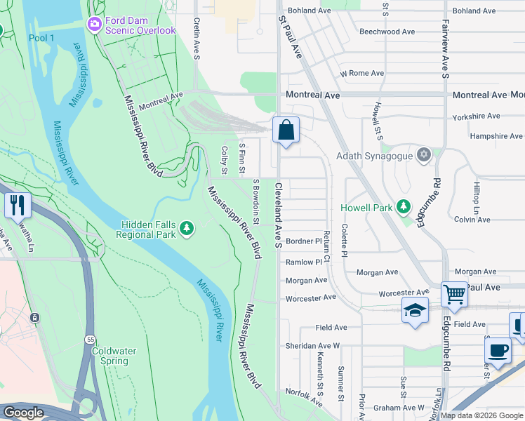 map of restaurants, bars, coffee shops, grocery stores, and more near 1414 Mississippi River Boulevard South in Saint Paul