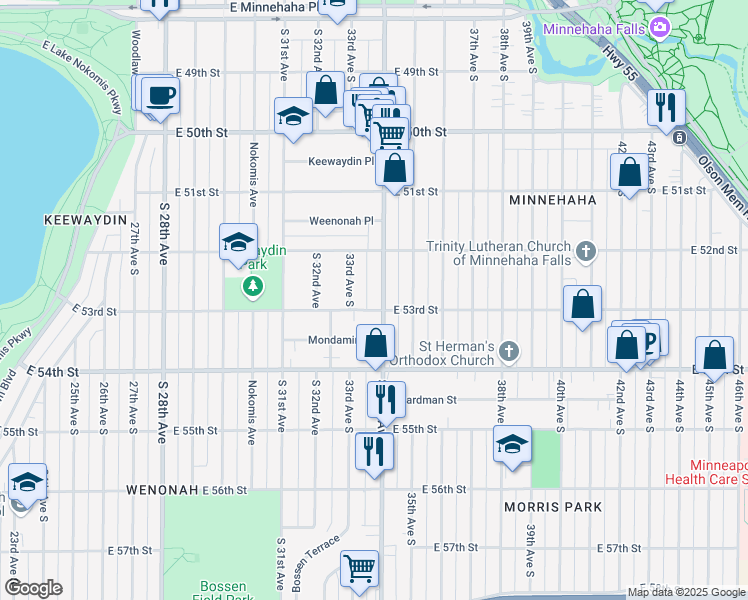 map of restaurants, bars, coffee shops, grocery stores, and more near 3315 East 53rd Street in Minneapolis