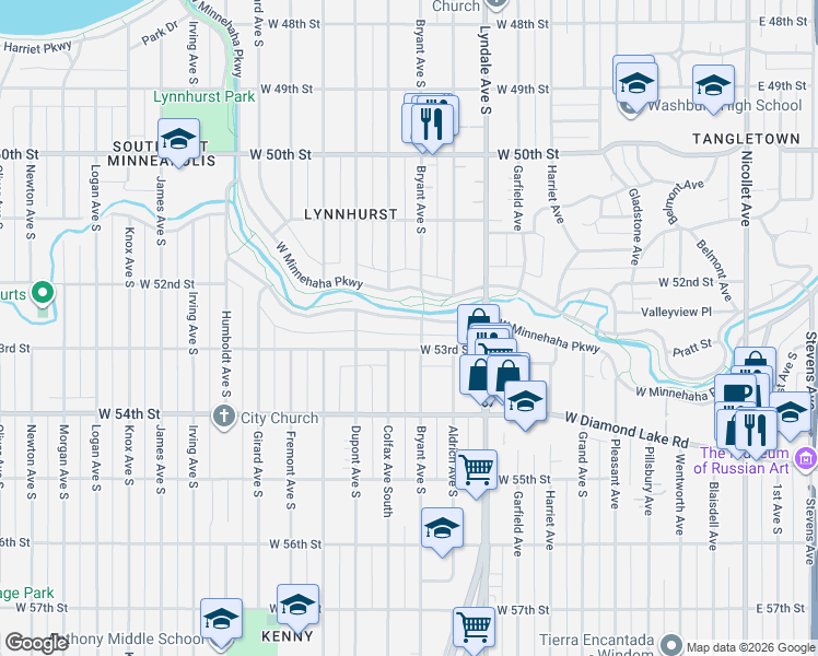 map of restaurants, bars, coffee shops, grocery stores, and more near 900 West 53rd Street in Minneapolis