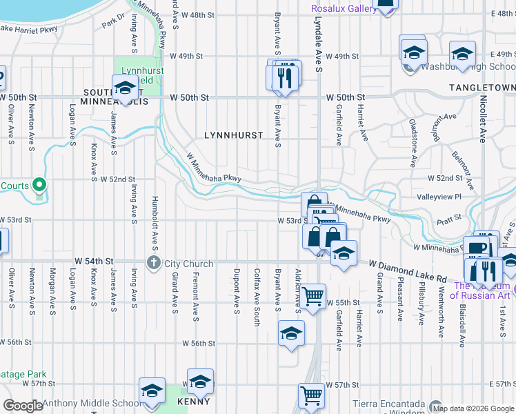 map of restaurants, bars, coffee shops, grocery stores, and more near 1000 West 53rd Street in Minneapolis