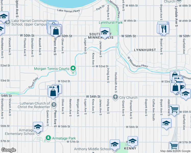 map of restaurants, bars, coffee shops, grocery stores, and more near 5256 James Avenue South in Minneapolis