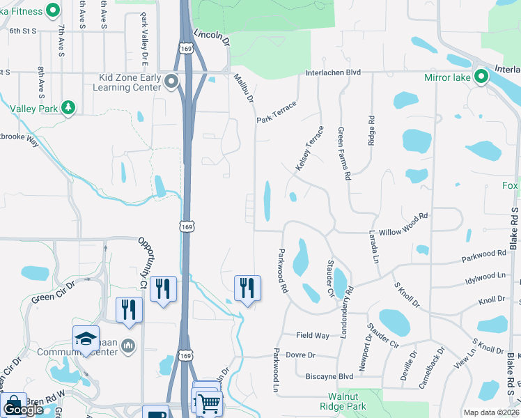 map of restaurants, bars, coffee shops, grocery stores, and more near 5314 Malibu Drive in Minneapolis