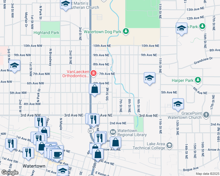 map of restaurants, bars, coffee shops, grocery stores, and more near 552-598 5th Ave NE in Watertown