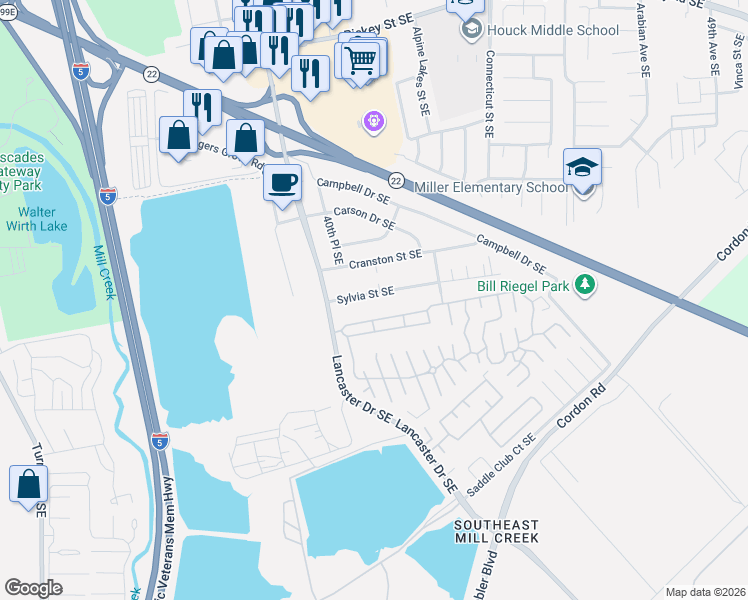 map of restaurants, bars, coffee shops, grocery stores, and more near 2200 Lancaster Drive Southeast in Salem