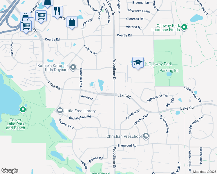 map of restaurants, bars, coffee shops, grocery stores, and more near 6938 Lake Terrace West in Woodbury