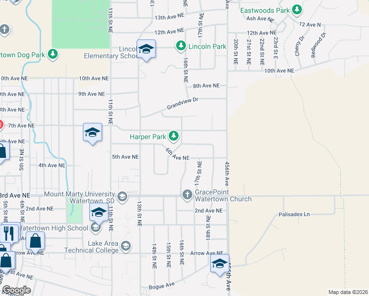 map of restaurants, bars, coffee shops, grocery stores, and more near 1501-1599 6th Avenue Northeast in Watertown